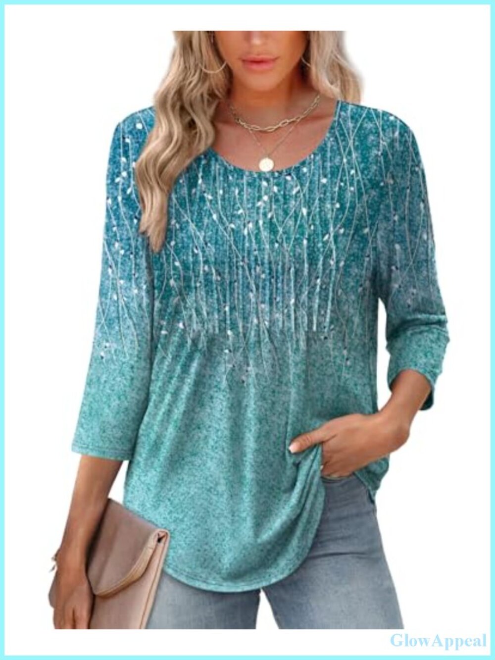 Women's 3/4 Sleeve Pleated Tunic Top Crewneck Floral Blouse Casual
